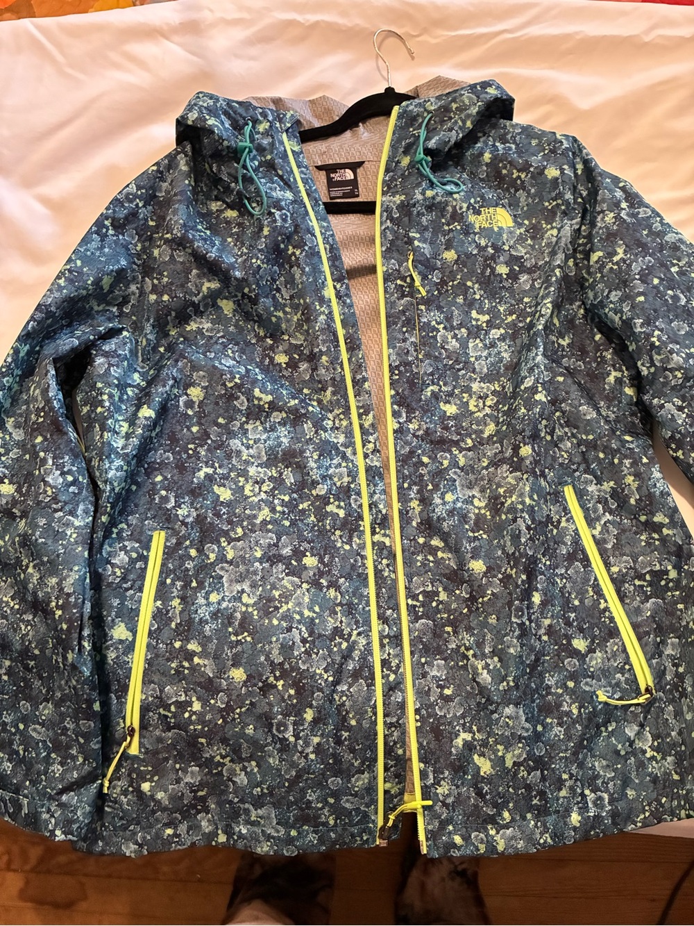 The North Face Kids Waterproof Blue Floral Rain Jacket with Neon Accents